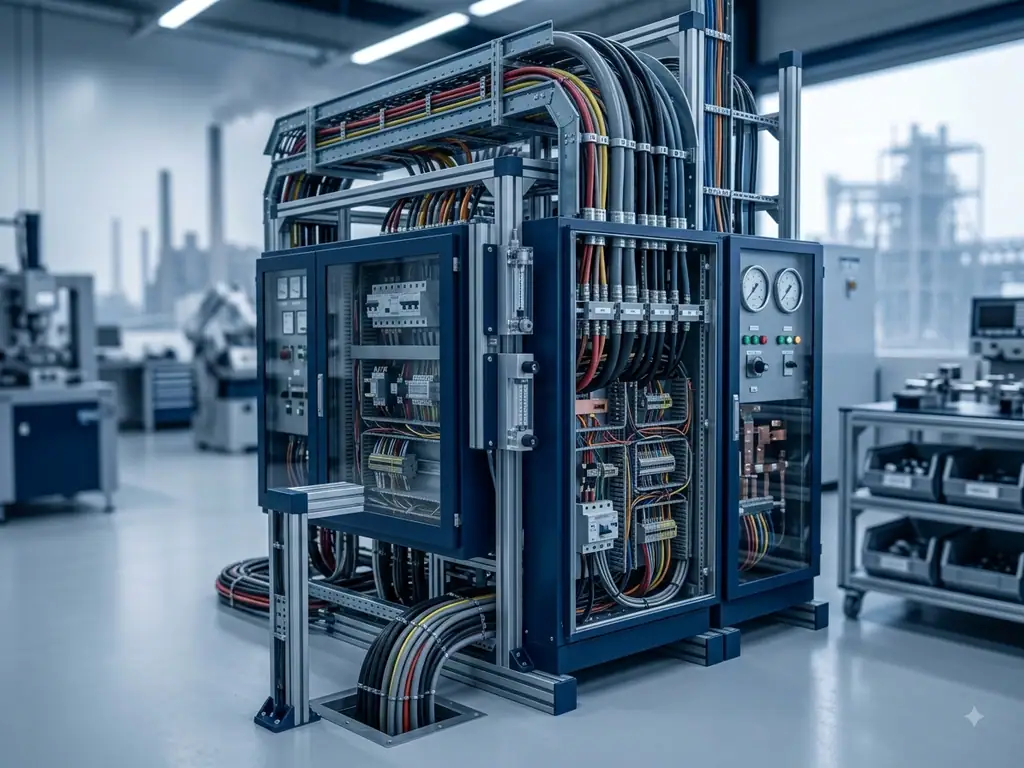 Switchgear panels with terminated cabling and overhead cable tray