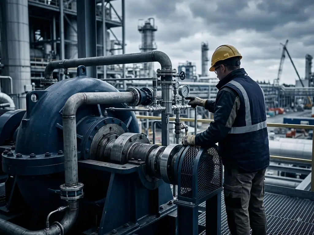 Technician checking gauge instrumentation on a large process pump