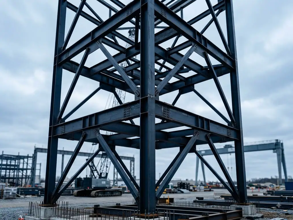 Bolted structural steel frame under erection on a prepared foundation