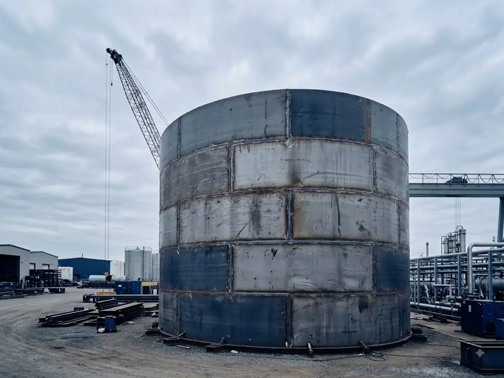 Storage tank shell under erection with a crawler crane alongside